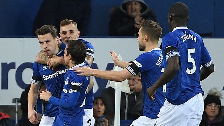 Everton players celebrate Seamus Coleman's goal against Brighton