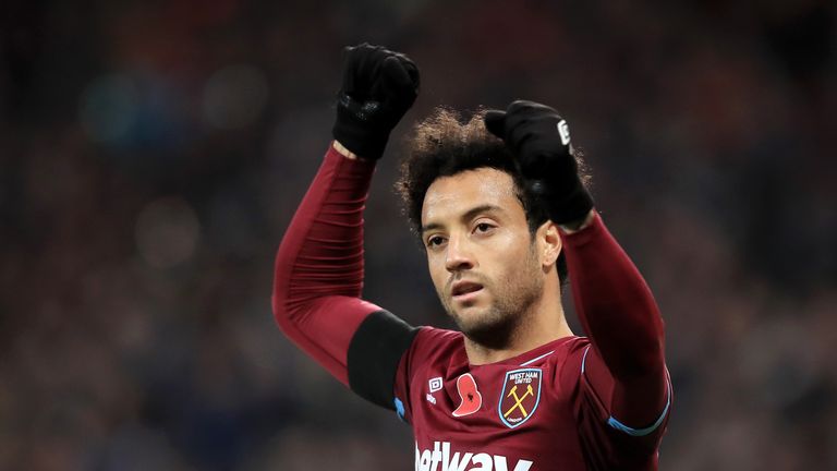 Felipe Anderson celebrates after West Ham&#39;s win over Burnley in the Premier League.