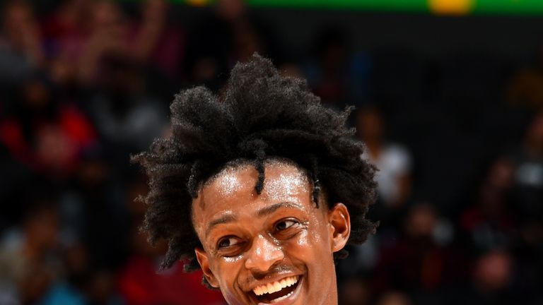 ATLANTA, GA - November 1: De&#39;Aaron Fox #5 of the Sacramento Kings smiles during a game against the Atlanta Hawks on November 1, 2018 at State Farm Arena in Atlanta, Georgia. NOTE TO USER: User expressly acknowledges and agrees that, by downloading and/or using this Photograph, user is consenting to the terms and conditions of the Getty Images License Agreement. Mandatory Copyright Notice: Copyright 2018 NBAE (Photo by Scott Cunningham/NBAE via Getty Images)