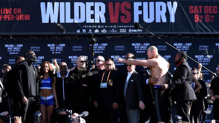during the Deontay Wilder v Tyson Fury weigh-in at Los Angeles Convention Center on November 30, 2018 in Los Angeles, California.