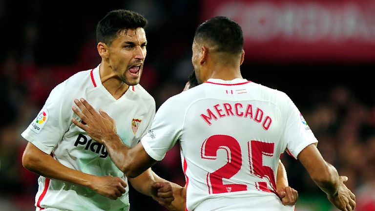 Gabriel Mercado celebrates his goal for Sevilla