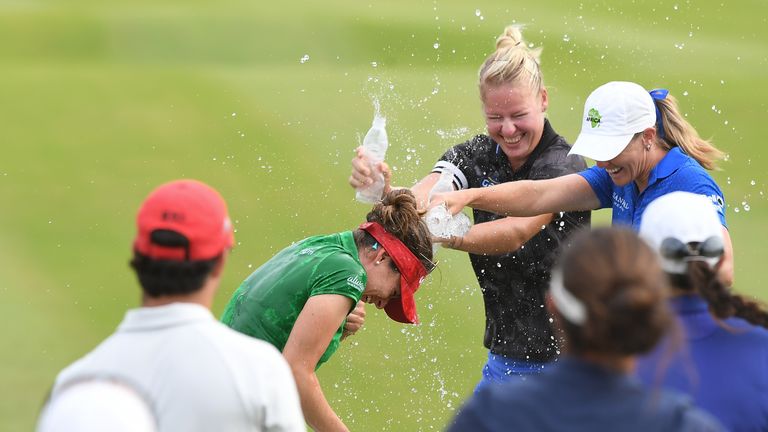 Gaby Lopez of Mexico celebrates after playing a shot on the 18th hole during the final round of the Blue Bay LPGA on November 10, 2018 in Hainan Island, China.