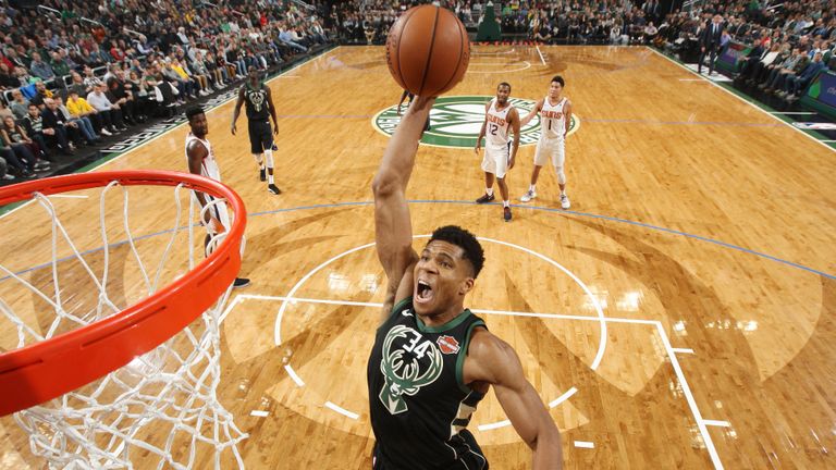 Giannis Antetokounmpo #34 of the Milwaukee Bucks dunks the ball against the Phoenix Suns on November 23, 2018 at the Fiserv Forum Center in Milwaukee, Wisconsin.