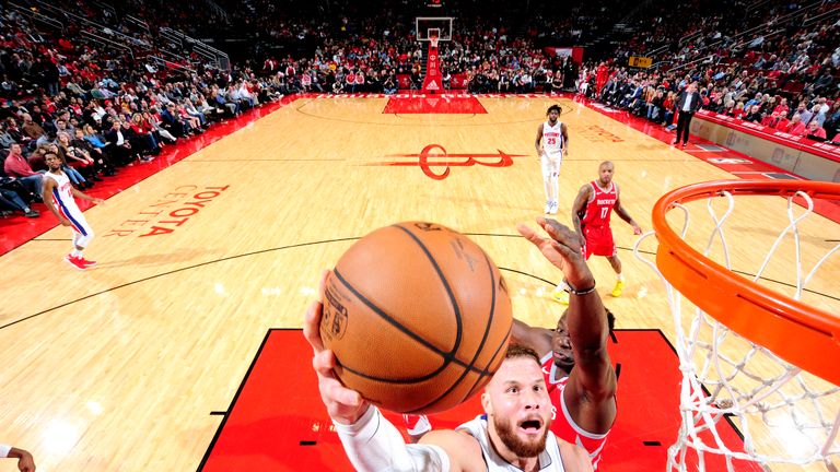  Blake Griffin #23 of the Detroit Pistons shoots the ball against the Houston Rockets on November 21, 2018 at the Toyota Center in Houston, Texas.