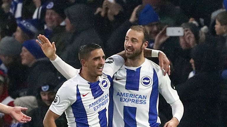 Glenn Murray celebrates scoring his side's first goal of the game with team-mate Anthony Knockaert