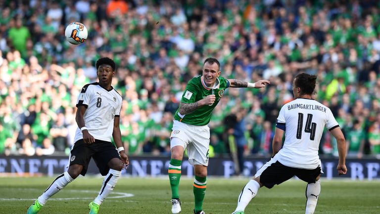 Glenn Whelan (C) of Republic of Ireland and David Alaba (L) of Austria during the FIFA 2018 World Cup Qualifier between Republic of Ireland and Austria