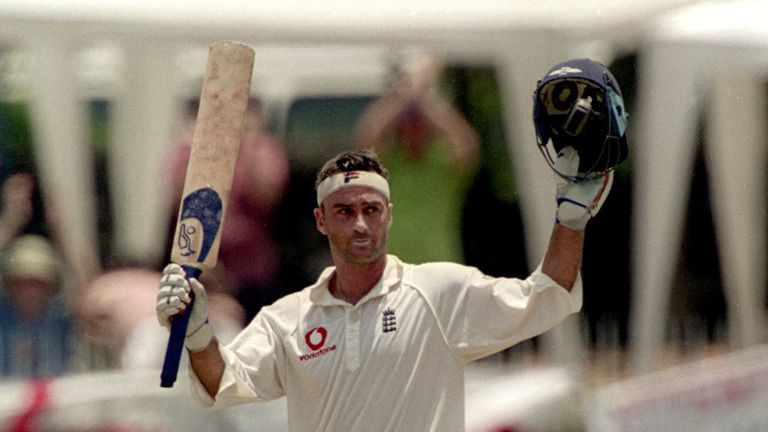 Graham Thorpe celebrates his century in England's third Test win over Sri Lanka in 2001