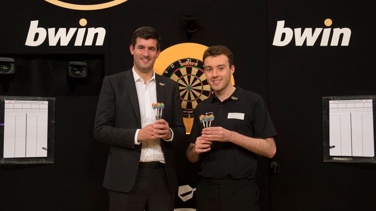 PDC chief executive Matthew Porter and referee Huw Ware at the bwin Grand Slam of Darts at Aldersley Leisure Village in Wolverhampton announcing support for Stonewall's Rainbow Laces campaign (pic: Lawrence Lustig)