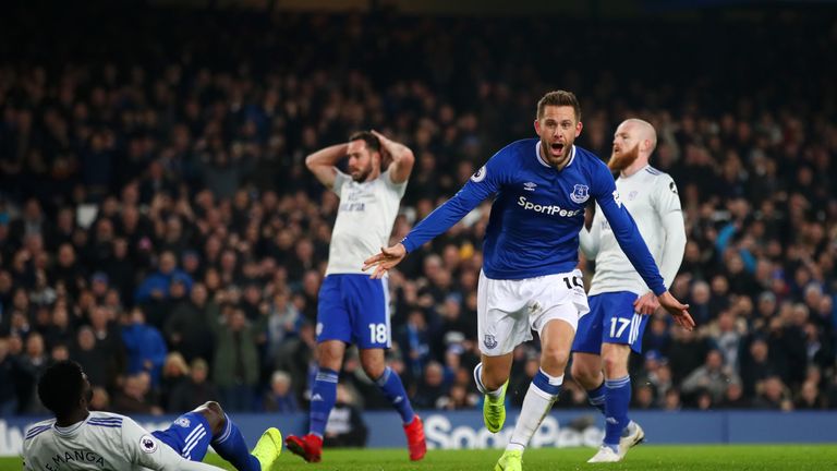 Gylfi Sigurdsson of Everton celebrates after scoring his team's first goal