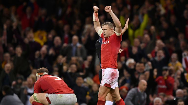 Hadleigh Parkes celebrates after Wales defeat Australia