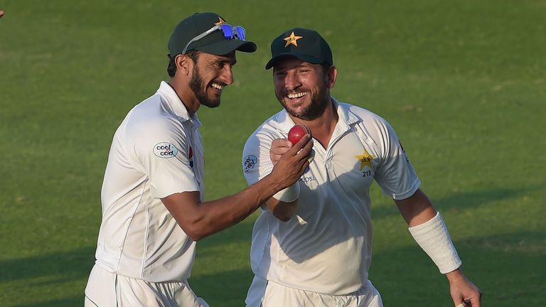 Hasan Ali and Yasir Shah hold the ball after ripping through New Zealand