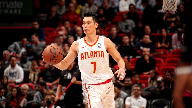 MIAMI, FL - NOVEMBER 27: Jeremy Lin #7 of the Atlanta Hawks handles the ball against the Miami Heat  on November 27, 2018 at American Airlines Arena in Miami, Florida. NOTE TO USER: User expressly acknowledges and agrees that, by downloading and or using this Photograph, user is consenting to the terms and conditions of the Getty Images License Agreement. Mandatory Copyright Notice: Copyright 2018 NBAE (Photo by Issac Baldizon/NBAE via Getty Images)