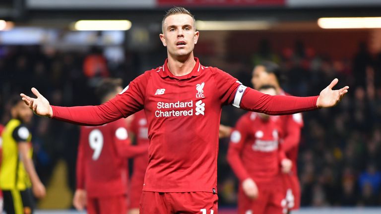 Jordan Henderson gestures during the English Premier League football match between Watford and Liverpool