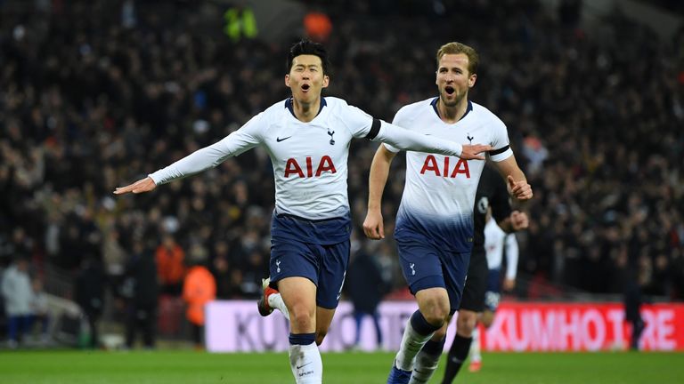 Heung-Min Son celebrates after scoring Tottenham&#39;s third goal