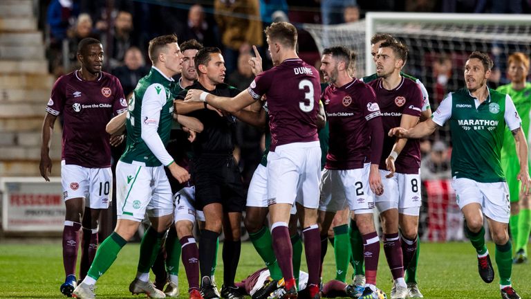 Hibernian's Florain Kamberi exchanges words with Hearts' Jimmy Dunne