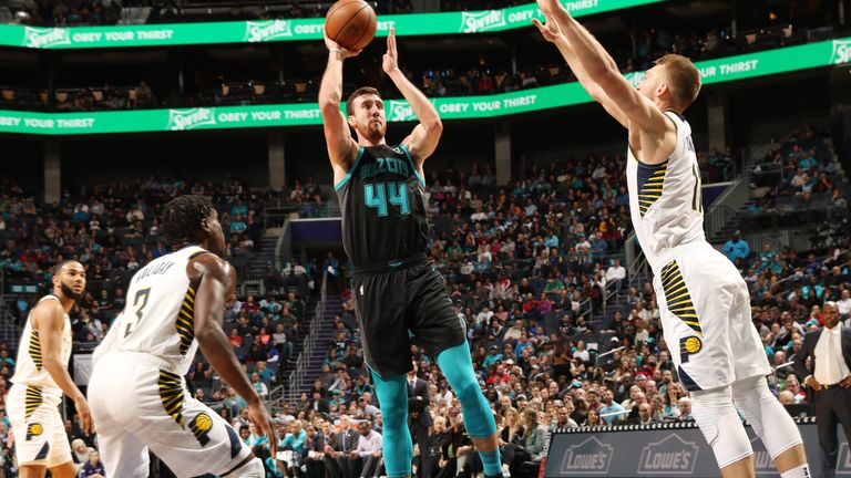 Frank Kaminsky #44 of the Charlotte Hornets shoots the ball against the Indiana Pacers on November 21, 2018 at Spectrum Center in Charlotte, North Carolina.