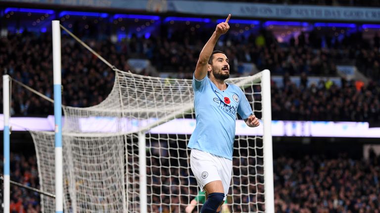 Ilkay Gundogan celebrates after extending Manchester City's lead