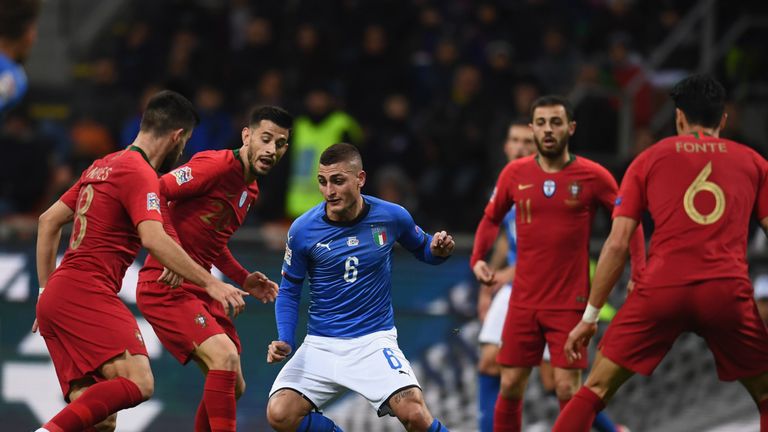 during the UEFA Nations League A group three match between Italy and Portugal at Stadio Giuseppe Meazza on November 17, 2018 in Milan, Italy.