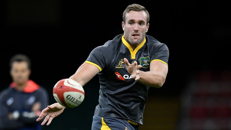 Izack Rodda of Australia releases a pass during the Australia Captain&#39;s Run at the Principality Stadium on November 09, 2018 in Cardiff, Wales.