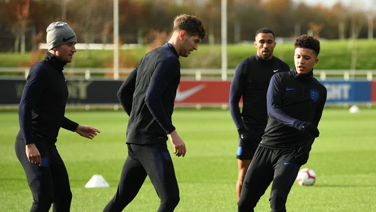 Jadon Sancho trains with the rest of the England squad on Wednesday