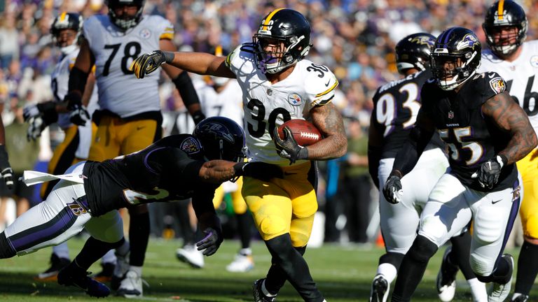 Running Back James Conner #30 of the Pittsburgh Steelers runs with the ball in the second quarter against the Baltimore Ravens at M&T Bank Stadium on November 4, 2018 in Baltimore, Maryland