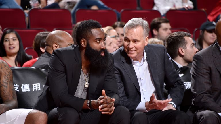 HOUSTON, TX - OCTOBER 26: James Harden #13 and Head Coach Mike D'Antoni of the Houston Rockets talk during the game against the LA Clippers on October 26, 2018 at the Toyota Center in Houston, Texas. NOTE TO USER: User expressly acknowledges and agrees that, by downloading and/or using this photograph, user is consenting to the terms and conditions of the Getty Images License Agreement. Mandatory Copyright Notice: Copyright 2018 NBAE (Photo by Bill Baptist/NBAE via Getty Images)