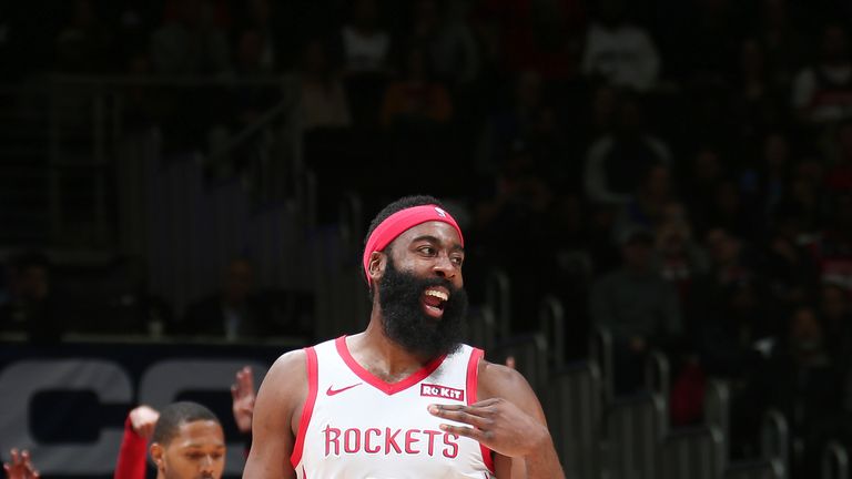 James Harden #13 of the Houston Rockets reacts against the Washington Wizards on November 26, 2018 at Capital One Arena in Washington, DC. 