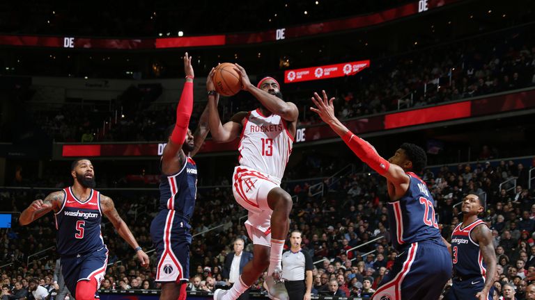 James Harden #13 of the Houston Rockets shoots the ball against the Washington Wizards on November 26, 2018 at Capital One Arena in Washington, DC