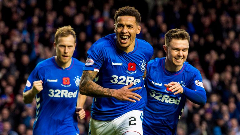James Tavernier celebrates after scoring to make it 3-1 to Rangers against Motherwell