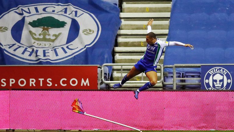 Wigan Athletic's James Vaughan celebrates scoring his side's second goal against Blackburn Rovers