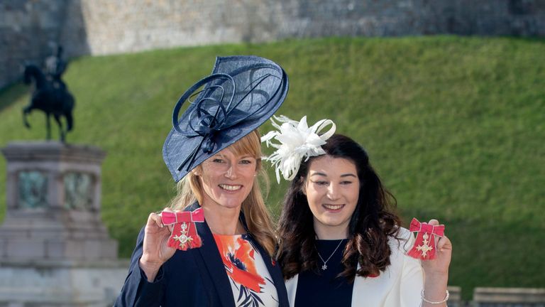 Paralympians Captain Jennifer Kehoe, Royal Engineers, (L) and Menna Fitzpatrick with their MBE medals following an Investiture Ceremony at Windsor Castle 
