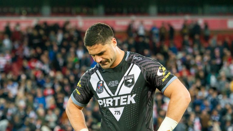 New Zealand's Jesse Bromwich dejected after his side loses to England.