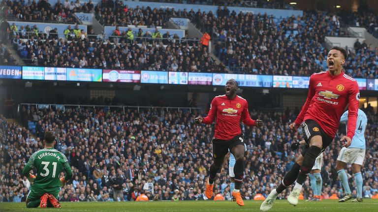 Jesse Lingard celebrates against Manchester City 