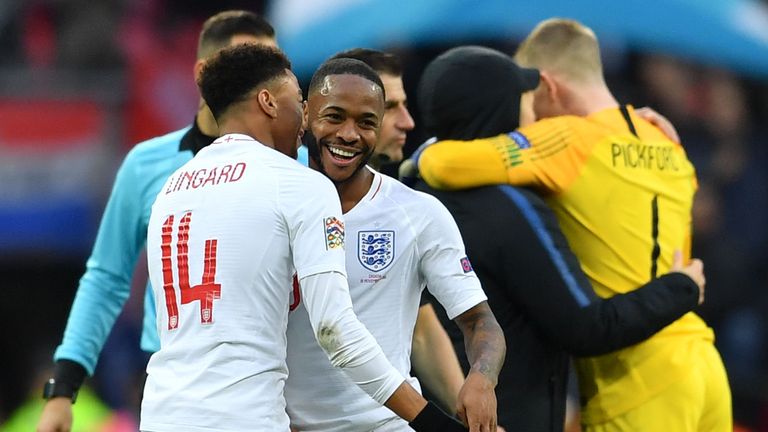 Jesse Lingard and Raheem Sterling celebrate following England&#39;s 2-1 defeat of Croatia in the UEFA Nations League