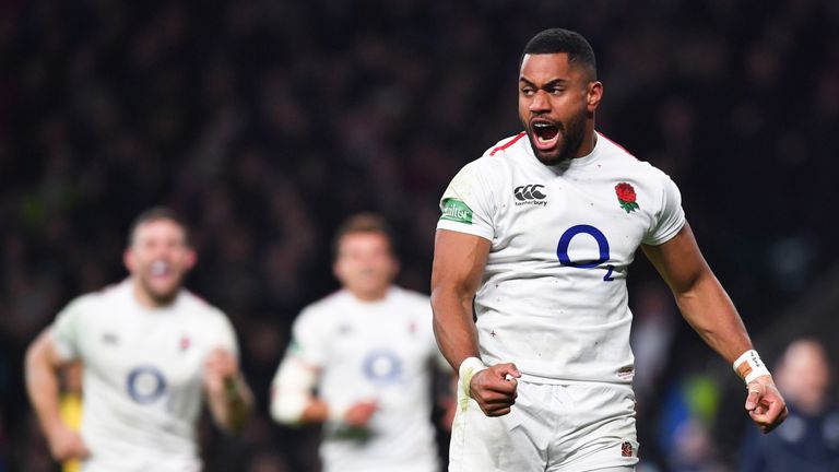 England wing Joe Cokanasiga celebrates after scoring a try against Australia