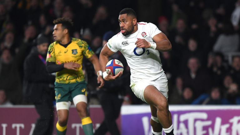 England wing Joe Cokanasiga scores a try against Australia