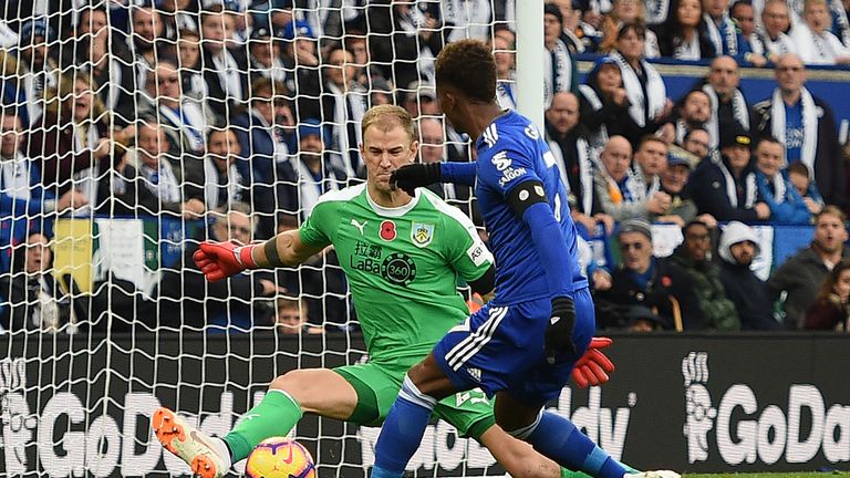 Joe Hart saves from Demarai Gray in a goalless first half