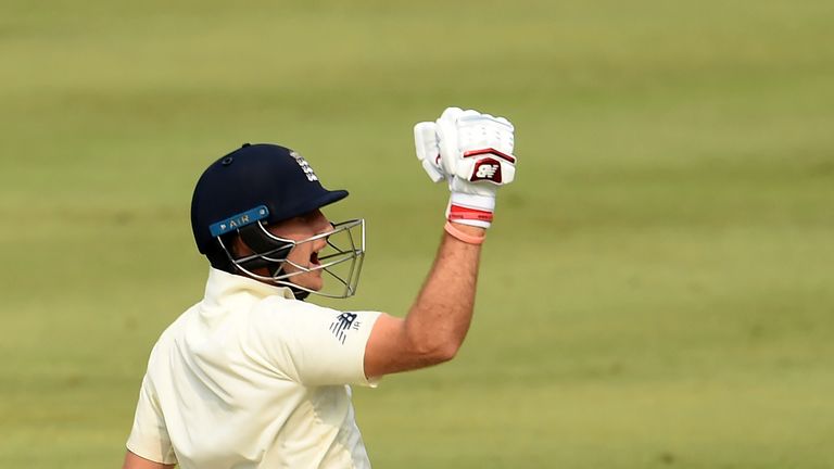 Joe Root celebrates after reaching his 15th Test century