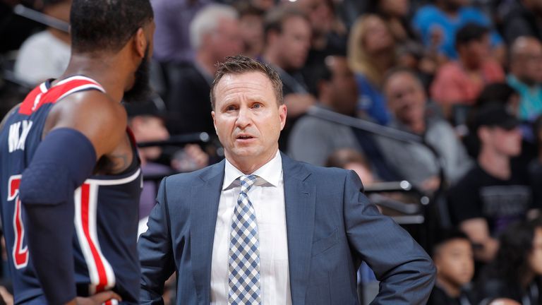 Head coach Scott Brooks of the Washington Wizards coaches against the Sacramento Kings on October 26, 2018 at Golden 1 Center in Sacramento, California.