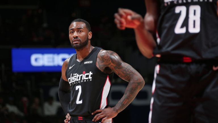  John Wall #2 of the Washington Wizards looks on during the game against the Brooklyn Nets on November 16, 2018 at Capital One Arena in Washington, DC. 