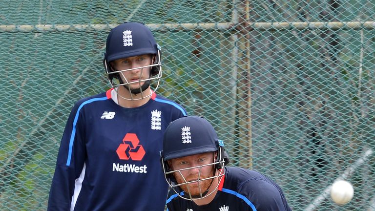 Jonny Bairstow bats in the nets watched by England captain Joe Root