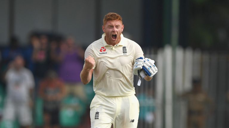 Jonny Bairstow celebrates his hundred during Day One of the Third Test match between Sri Lanka and England at Sinhalese Sports Club on November 23, 2018 in Colombo, Sri Lanka.
