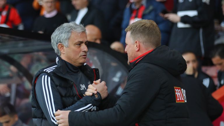 Jose Mourinho and Eddie Howe during the Premier League match between AFC Bournemouth and Manchester United at Vitality Stadium on April 18, 2018 in Bournemouth, England.
