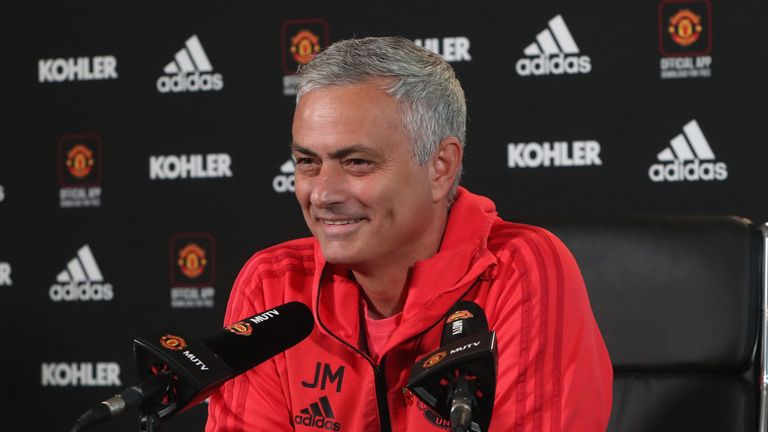 Jose Mourinho speaks during a press conference at Manchester United&#39;s Aon Training Complex