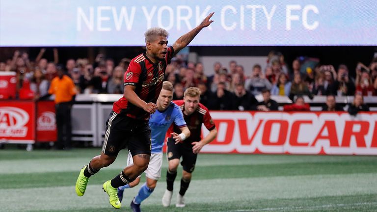 during the Eastern Conference Semifinals between New York City FC and Atlanta United FC at Mercedes-Benz Stadium on November 11, 2018 in Atlanta, Georgia.