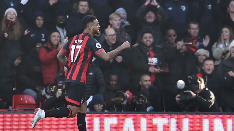 Josh King celebrates his equaliser for Bournemouth at home to Arsenal
