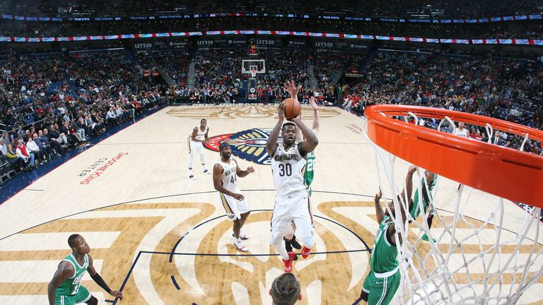 Julius Randle #30 of the New Orleans Pelicans shoots the ball against the Boston Celtics on November 26, 2018 at the Smoothie King Center in New Orleans, Louisiana.