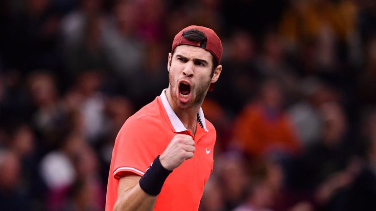 Karen Khachanov of Russia celebrates after he wins the first set during his match against Novak Djokovic of Serbia during the Men's Final during Day Seven of the Rolex Paris Masters on November 4, 2018 in Paris, France. (