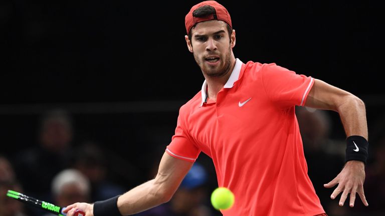 Karen Khachanov returns the ball to Germany's Alexander Zverev during their men's singles quarter-final tennis match on day five of the ATP World Tour Masters 1000 - Rolex Paris Masters 