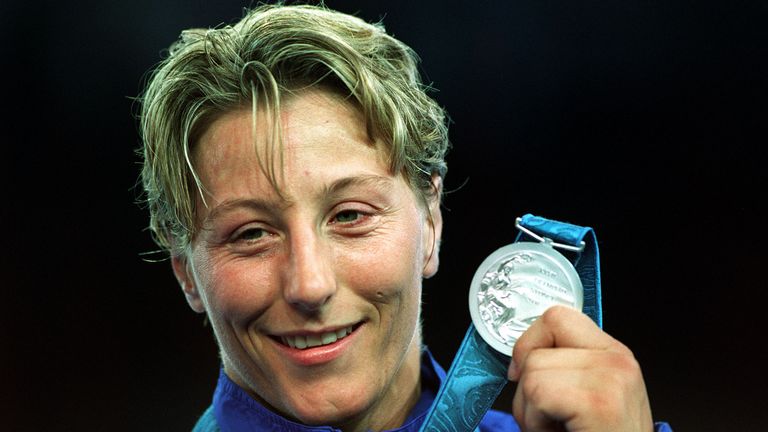 Kate Howey of Great Britain celebrates with her silver medal in the womens 70 kilogram Judo event at the Sydney Convention and Exhibition Centre in Darling Harbour during the Sydney 2000 Olympic Games in Sydney, Australia